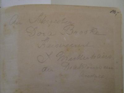  Swan Song ([1928]);- (Brooke, Dora), Von Hand: Name, Ortsangabe, Berufsangabe/Titel/Branche, Widmung; 'An Schwester
Dora Brooke
Kaiserstreet
c/o Mutterhaus der Diakonissen Anstalt'. 