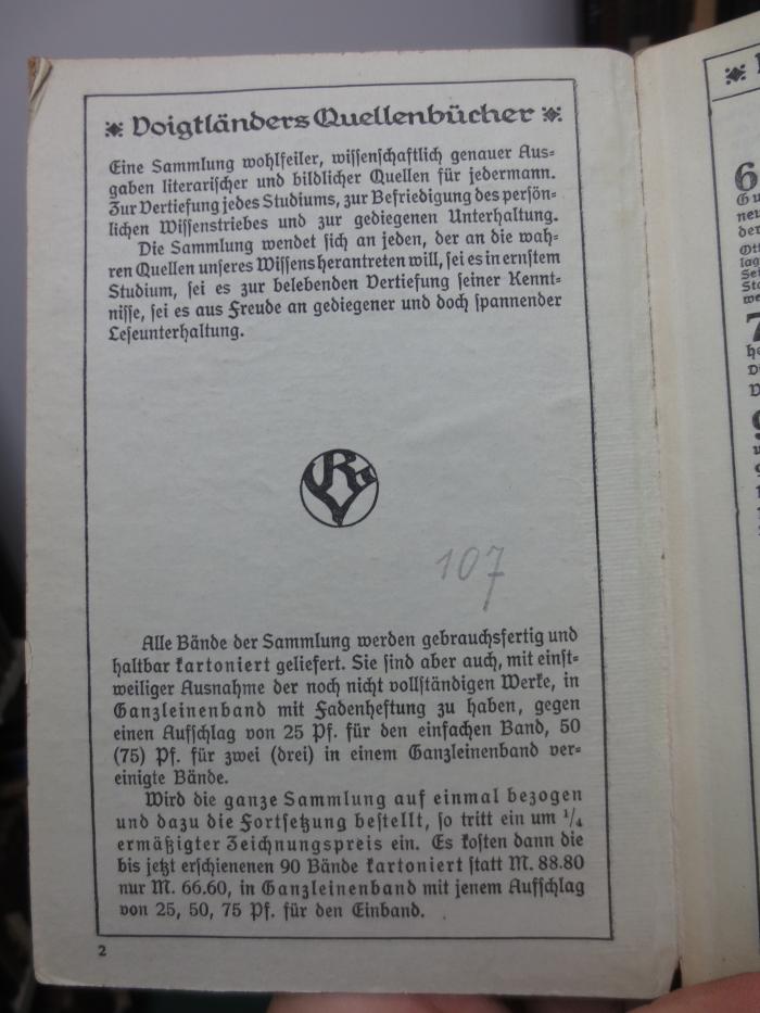 I 14819 3, 3. Ex.: Quellen zur brandenburgisch-preußischen Geschichte. 3. Band. Von Joachim II. bis zu Friedrich Wilhelm dem Großen Kurfürsten (1916);G45II / 2915 (unbekannt), Von Hand: Nummer; '107'. 