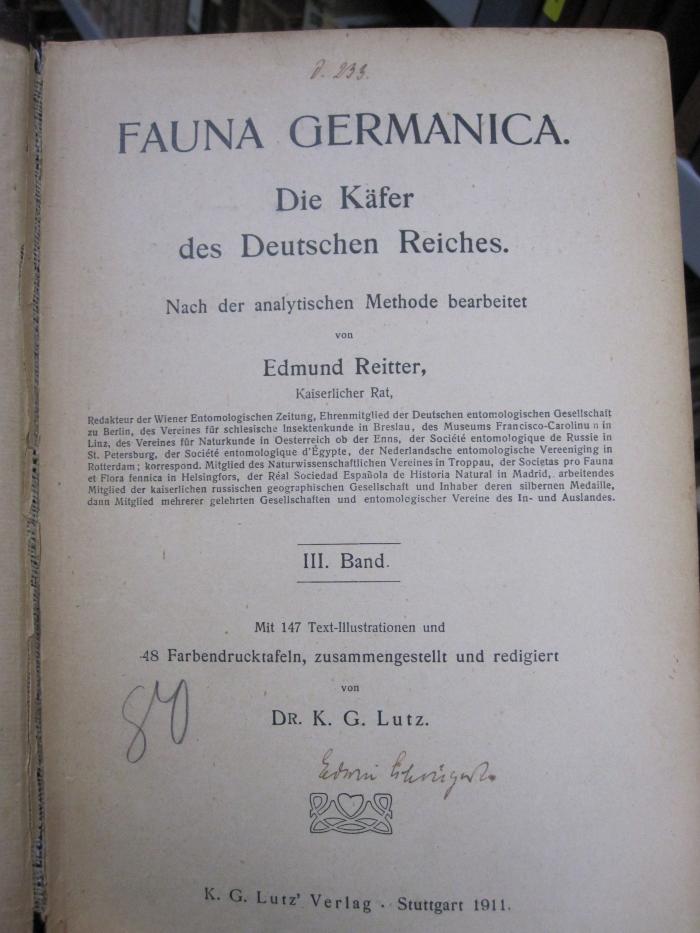 Kg 411 3 2.Ex.: Fauna Germanica : die Käfer des Deutschen Reiches (1911)