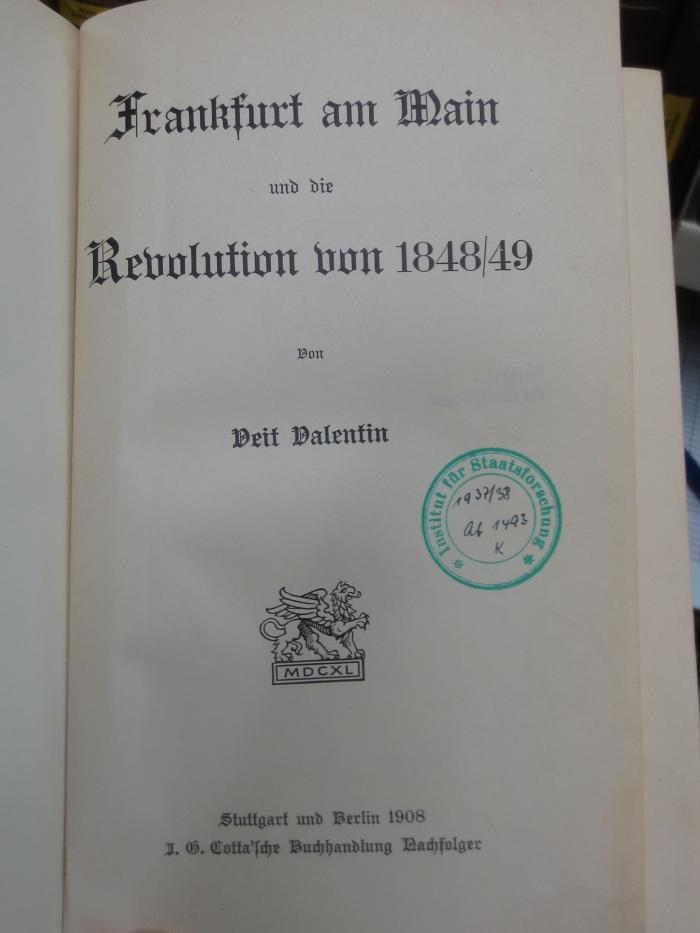 I 20708 2. Ex.: Frankfurt am Main und die Revolution von 1848/49 (1908)