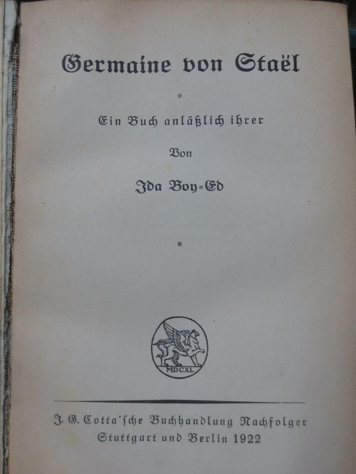 III 91144 2. Ex.: Germaine von Staël : ein Buch anläßlich ihrer (1922)