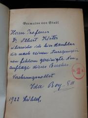 G45II / 221 (Boy-Ed, Ida;Kister, Albert), Von Hand: Name, Ortsangabe, -, Datum, Widmung; 'Herrn Professor Dr. Albert Kister überreiche ich hier dankbar die nach seinen Anregungen von Fehlern gereinigte Neuauflage dieses Buches. Verehrungsvollst Ida Boy-Ed 1922 Lübeck.'. 