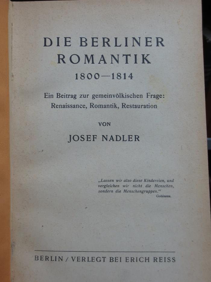 III 102950 3. Ex.: Die Berliner Romantik 1800-1814 (1921)