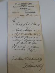 - (Pakelnischki, Abraham), Papier: Name, Ortsangabe, Datum; '[Dr. Med. Albert Loeb prakt. Arzt Spezialarzt für Magen- und Darm-Krankheiten ...] München, 5.VII.1916. ...... Für Herrn Pakelnischky - Dr. Albert Loeb

Text auf Rückseite: Solut. Nitroglicerin ...'. 