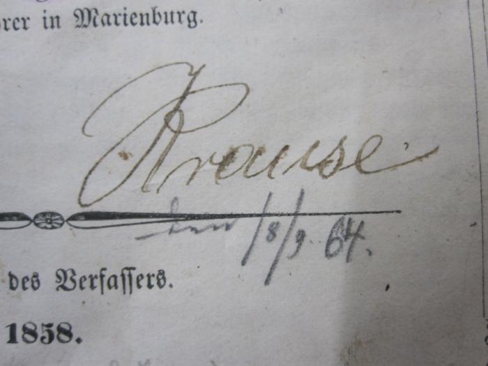 Kg 1420: Bilder aus der Naturgeschichte (1858);G45 / 1694 (Krause, [?]), Von Hand: Autogramm, Name, Datum; 'Krause den /8/9 64'. 