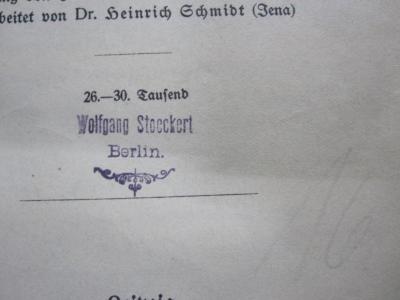 G45 / 2181 (Stoeckert, Wolfgang), Stempel: Name, Ortsangabe; 'Wolfgang Stoeckert
Berlin.'.  (Prototyp);Kg 1430: Die Entstehung der Arten durch natürliche Zuchtwahl oder die Erhaltung der begünstigten Rassen im Kampfe ums Dasein ([1909])