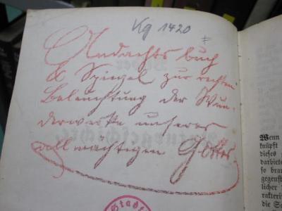 Kg 1420: Bilder aus der Naturgeschichte (1858);G45 / 1694 (Krause, [?]), Von Hand: Motto; 'Andachtsbuch &amp; S[..]gel zur rechten Beleuchtung der Wunderwelten unserer allmächtigen Götter.'. 