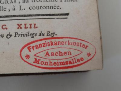  Nouveau voyage aux Isles de l'Amerique : contenant l'histoire naturelle de ces pays, l'origine, les mœurs, la religion &amp; le gouvernement des habitans anciens &amp; modernes, Les guerres &amp; les evenemens singuliers qui y sont arrivez pendant le séjour que l'auteur y a fait (1742);- (Franziskanerkloster Aachen), Stempel: Name, Ortsangabe; 'Franziskanerkloster Aachen Mohnheimsallee'. 