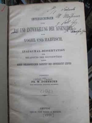 Kg 1548: Untersuchungen über Bau und Entwicklung der Augenlider beim Vogel und Haifisch ([1899])