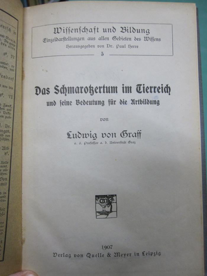 Kg 1640: Das Schmarotzertum im Tierreich und seine Bedeutung für die Artbildung (1907)