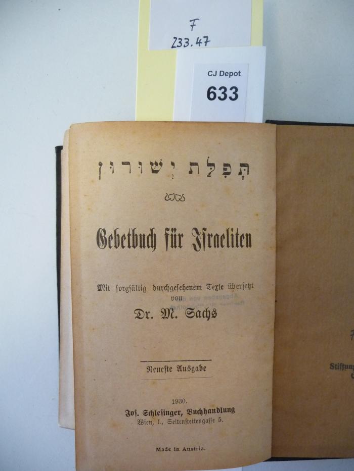 F 233 47 [1] 2 Ex.: Tefillat Yeshurun : Gebetbuch für Israeliten (1930)