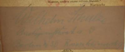 Kh 62 2. Ex.: Das Wunder in der Heilkunde (1930);G45 / 1460 (Schulze, Wilhelm), Von Hand: Name, Autogramm, Ortsangabe; 'Wilhelm Schulze
Amtsgerichtsrat a. d.
Berlin W30 Rosenheimerstr. 9'. 