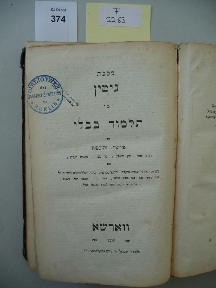 F 22 63 6: Talmud Bavli. 6. Masekhet gitin (1864)
