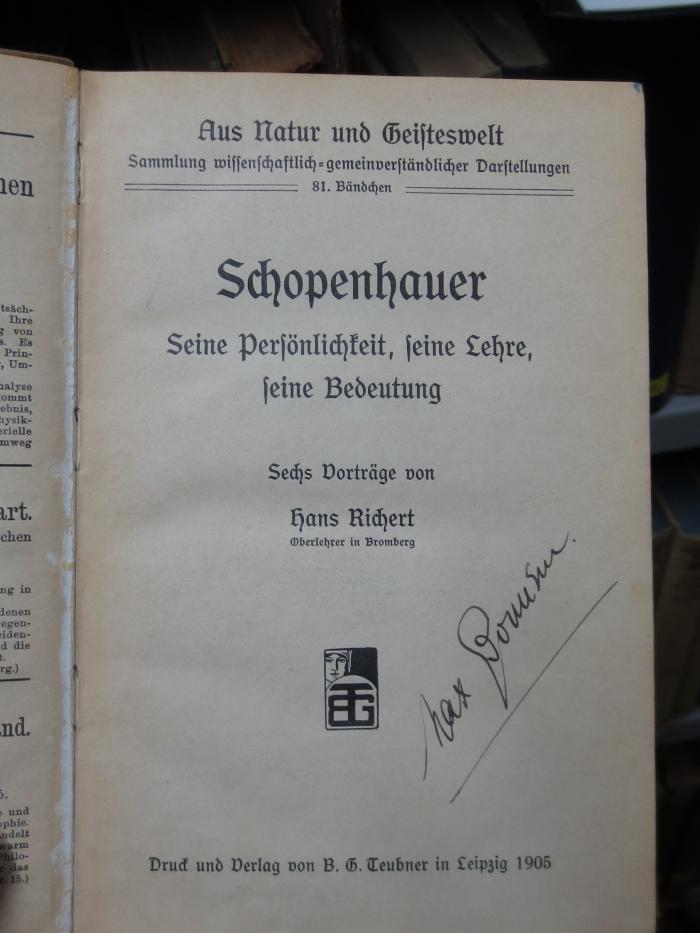 VIII 767 Ersatz: Schopenhauer. Seine Persönlichkeit, seine Lehre, seine Bedeutung (1905)
