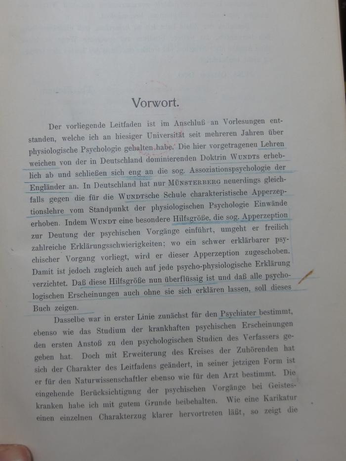 VIII 1911 3. Ex.: Leitfaden der physiologischen Psychologie in 16 Vorlesungen (1914);G45II / 34 (unbekannt), Von Hand: Annotation. 