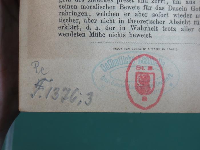 VIII 1413 2. Ex.: Erläuterungen zu Kants's Kritik der Urtheilskraft (1882);G45II / 1313 (unbekannt), Von Hand: Signatur, Nummer; 'Pe 
F.1376;3'. 