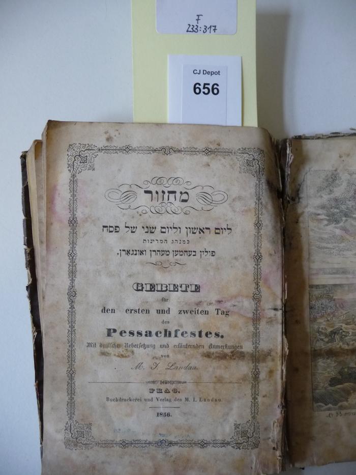 F 233 317: Mahzor : le-yom rishon ve-le-yom sheni shel pessah... ; Gebete für den ersten und zweiten Tag des Pessachfestes ; mit deutscher Übersetzung und erläuternden Anmerkungen (1856)