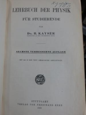 X 1193 f, 2. Ex., Ersatz: Lehrbuch der Physik für Studierende (1921)