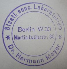 G45 / 1645 (Mayer, Hermann), Stempel: Name, Ortsangabe; 'Staatl. conc. Laboratorium
Dr. Hermann Mayer 
Berlin W 30 Martin Lutherstr. 88'.  (Prototyp)