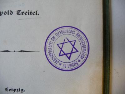 - (Jugendbücherei der Israelitischen Religionsgemeinde zu Leipzig), Stempel: ; 'Jugendbücherei der Israelitischen Religionsgemeinde zu Leipzig'. 