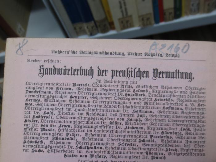 Cp 530: Kgl. Sächs. Revidierte Landgemeindeverordnung vom 24. April 1873 (1905);- (unbekannt), Von Hand: Preis; '8.-'. ;- (unbekannt), Von Hand: Nummer; 'A 2160'. 
