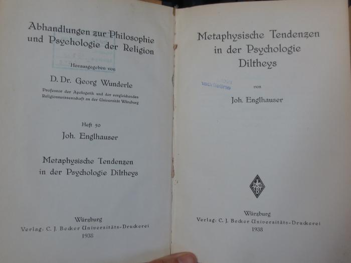 Hn 223 2. Ex.: Metaphysische Tendenzen in der Psychologie Diltheys (1938)