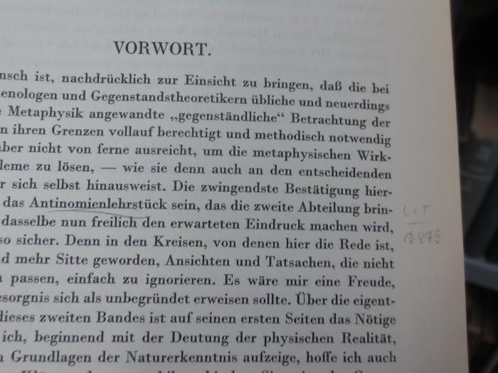 Hn 194 1, 2. Ex. u. 2, 2. Ex.: Philosophie der Wirklichkeit : 1. und 2. Teil  (1926-1934);G46II / 654 (unbekannt), Von Hand: Annotation, Annotation; 'LIT [?]. 879'. 