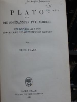 Hi 33 2. Ex.: Plato und die sogenannten Pythagoreer  (1923)
