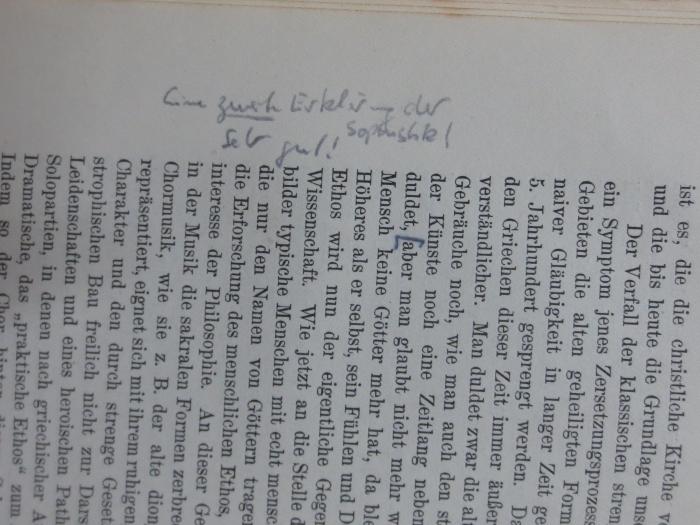 Hi 33 2. Ex.: Plato und die sogenannten Pythagoreer  (1923);G46II / 710 (unbekannt), Von Hand: Annotation; 'Eine zweite Erklärung der Sophistik! Sehr gut!'. 