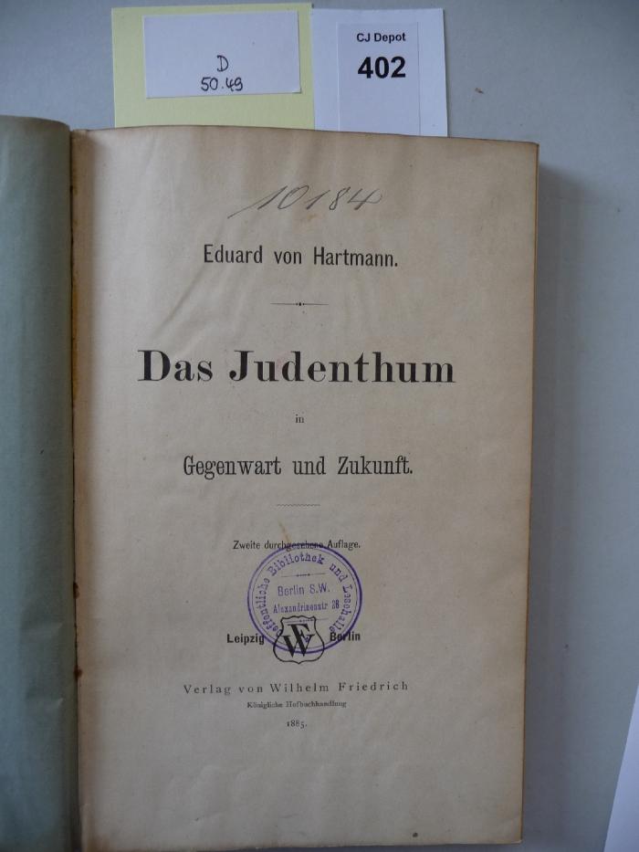 D 50 49: Das Judenthum : in Gegenwart und Zukunft (1885)