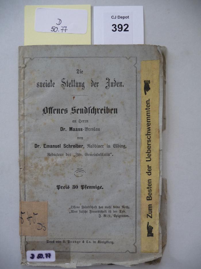 D 50 77: Die sociale Stellung der Juden : offenes Sendschreiben an Herrn Dr. Maass-Breslau (1877)