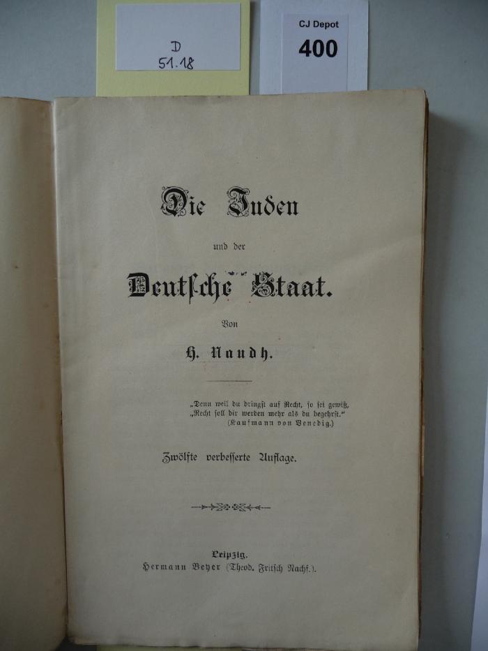 D 51 18: Die Juden und der Deutsche Staat (1883)