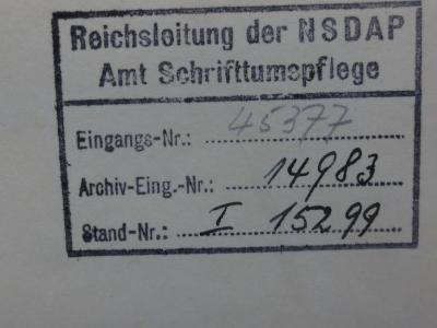 G46 / 4040 (Nationalsozialistische Deutsche Arbeiterpartei. Amt für Schrifttumspflege), Stempel: Name, Berufsangabe/Titel/Branche, Signatur, Inventar-/ Zugangsnummer; 'Reichsleitung der NSDAP 
Amt Schrifttumspflege
Eingangs-Nr.: ....................
Archiv-Eing.-Nr.: .................
Stand-Nr.: ...............'.  (Prototyp)