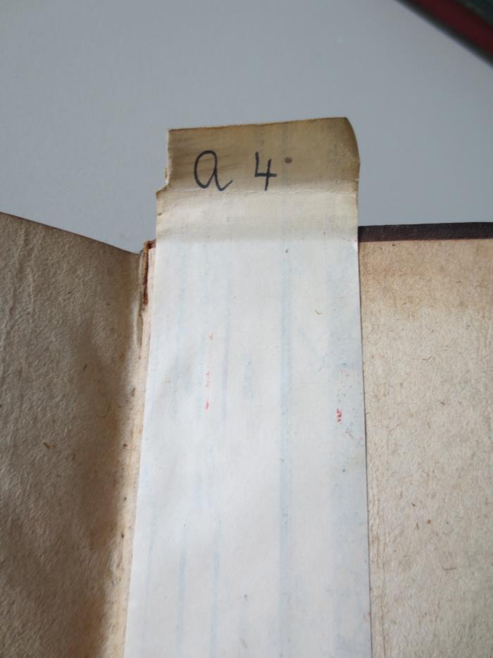  Neuer Büchersaal der schönen Wissenschaften und freyen Künste (1749);- (unbekannt), Etikett: Signatur; 'a4'.  (Prototyp)