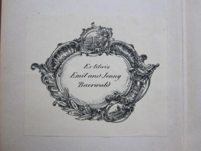 Ff 286: Twenty Years at Hull-House : with Autobiographical Notes (1914);G48 / 2307 (Baerwald, Emil;Baerwald, Jenny), Etikett: Exlibris, Name, Abbildung; 'Ex libris
Emil und Jenny Baerwald'.  (Prototyp)