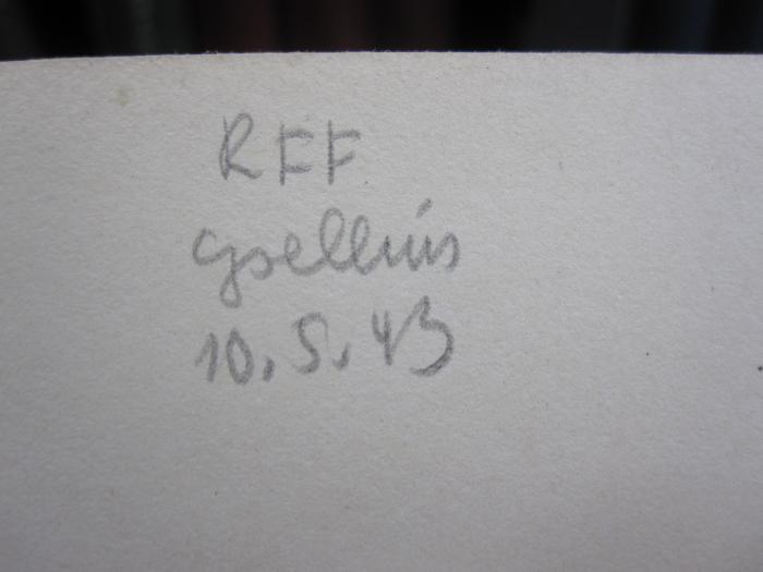 Ff 286: Twenty Years at Hull-House : with Autobiographical Notes (1914);G48 / 2307 (Reichsfrauenführung;Gsellius Buchhandlung und Antiquariat (Berlin)), Von Hand: Name, Datum, Besitzwechsel; 'RFF
Gsellius
10.5.43'. 