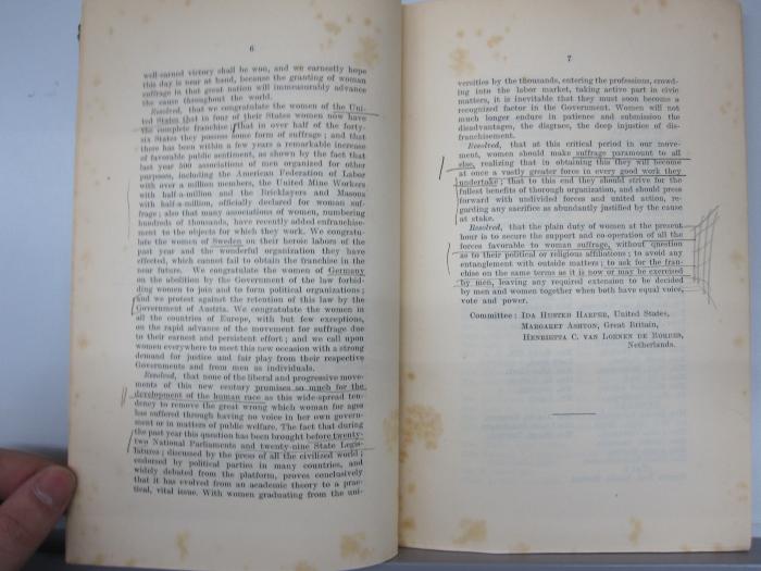 Fe 284 4 1908: Report of the Conference of the International Woman Suffrage Alliance : Amsterdam, Holland June 15, 16, 17, 18, 19, 20, 1908 (1908);G45 / 3032 (unbekannt), Von Hand: Annotation. 