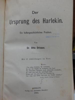 Ah 304: Der Ursprung des Harlekin : Ein kulturgeschichtliches Problem (1904)