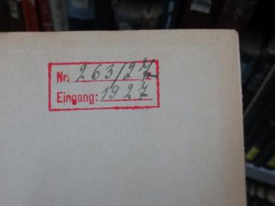 Af 907 13: Experiments in State Controll : at the War Office and the Ministry of Food (1924);G45II / 2175 (unbekannt;Bibliothek des OKM), Stempel: Inventar-/ Zugangsnummer, Datum, Nummer; 'Nr. 263/27 z
Eingang: 1927'. 