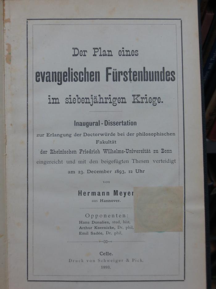 Ai 1252: Der Plan des evangelischen Fürstenbundes im siebenjährigen Kriege (1893)