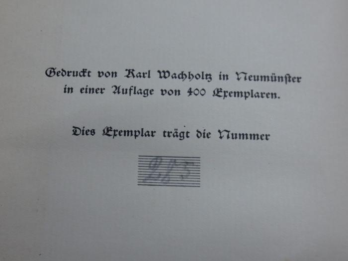 An 1589: Die patriotische Wirksamkeit eines schleswig-holsteinischen Privatmannes (1930);G45II / 2721 (unbekannt), Von Hand: Exemplarnummer; '285'. 