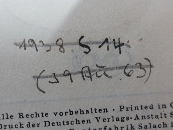Av 23 2. Ex.: Stern und Unstern : Gedanken über Spaniens Landschaft und Geschichte (1937);G45II / 2498 (unbekannt), Von Hand: Signatur, Datum, Notiz; '1938. S. 14 (39 Au.63)'. 