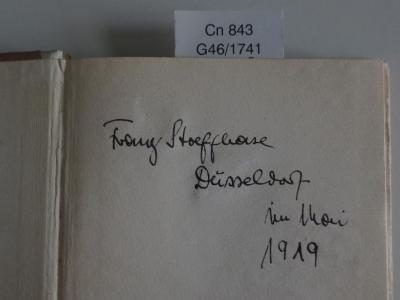 Cn 843: Das Gastmahl des Trimalchio (1913);G46 / 1741 (Stoeffhase, Franz), Von Hand: Autogramm, Name, Ortsangabe, Datum; 'Franz Stoeffhase Düsseldorf im Mai 1919'. 