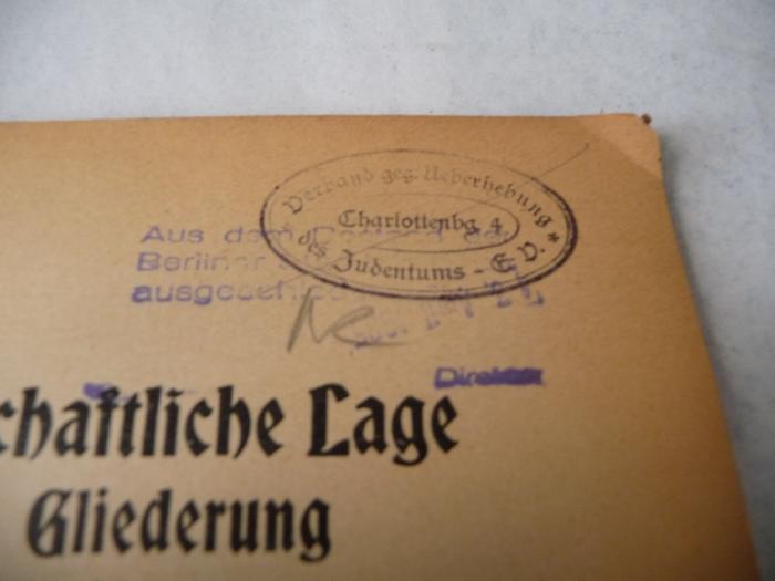 - (Verband geg. Ueberhebung des Judentums - E.V. Charlottenburg), Stempel: Name; 'Verband geg. Ueberhebung des Judentums - E.V.
Charlottenburg, 4'. 