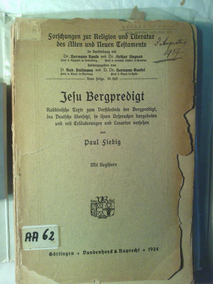 Asch3523 : Jesu Bergpredigt :  Rabbinische Texte zum Verständnis der Bergpredigt, ins Deutsche übersetzt, in ihren Ursprachen dargeboten und mit Erlauterungen und Lesarten versehen. (1924)