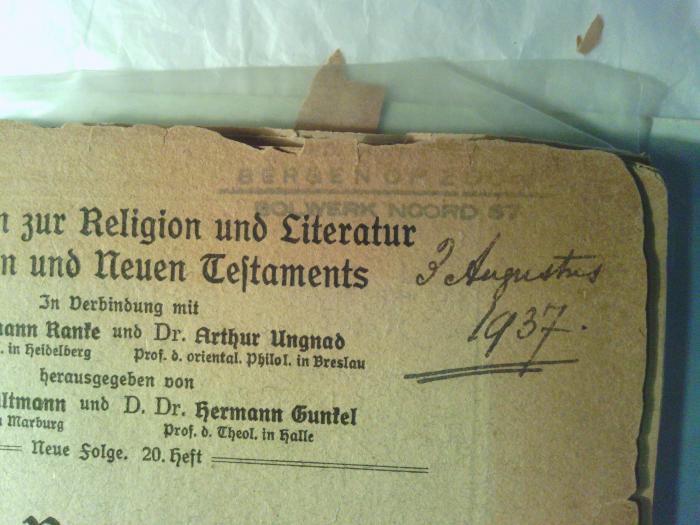 Asch3523 : Jesu Bergpredigt :  Rabbinische Texte zum Verständnis der Bergpredigt, ins Deutsche übersetzt, in ihren Ursprachen dargeboten und mit Erlauterungen und Lesarten versehen. (1924);- (unbekannt), Von Hand: Datum; '3 Augustus 1937.'. 