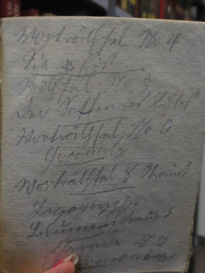 Ch  595: W. G. Becker's Taschenbuch zum geselligen Vergnügen (1815);- (unbekannt), Von Hand: Notiz; 'Worträtsel No 4
Sie [...]
Worträtsel No 5
der [...]
Worträtsel No 6
[...]'. 