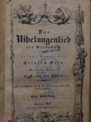 Ck  66 1.2.: Das Nibelungenlied als Volksbuch : In neuer Verdeutschung von Heinrich Beta : Erste Abtheilung (1840)