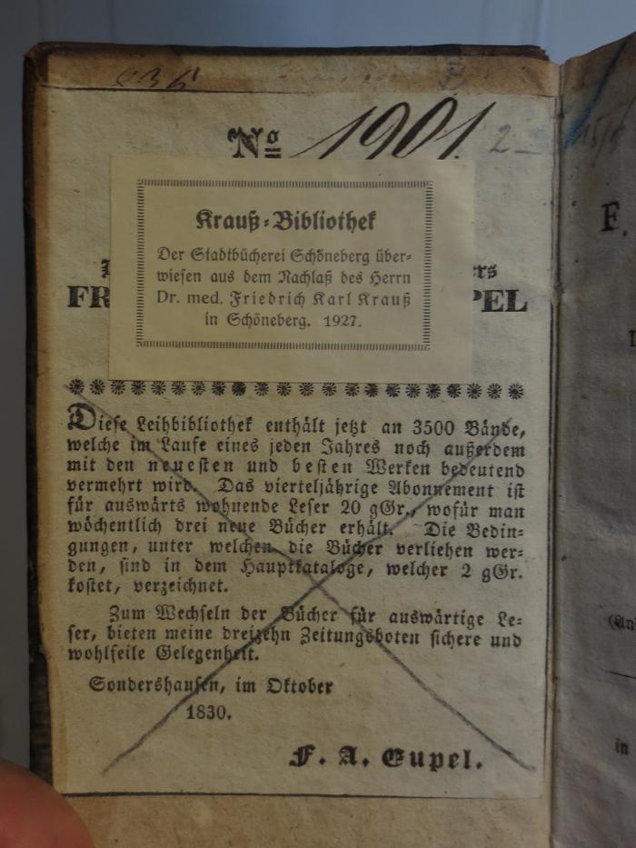 Cl 183: Clavis Fichtiana Seu Leibgeberiana (1800);- (Fr. Aug. Eupel (Sondershausen)), Etikett: Name, Ortsangabe, Datum; '[...] Sondershausen, im Oktober 1830. F. A. Eupel.'. 