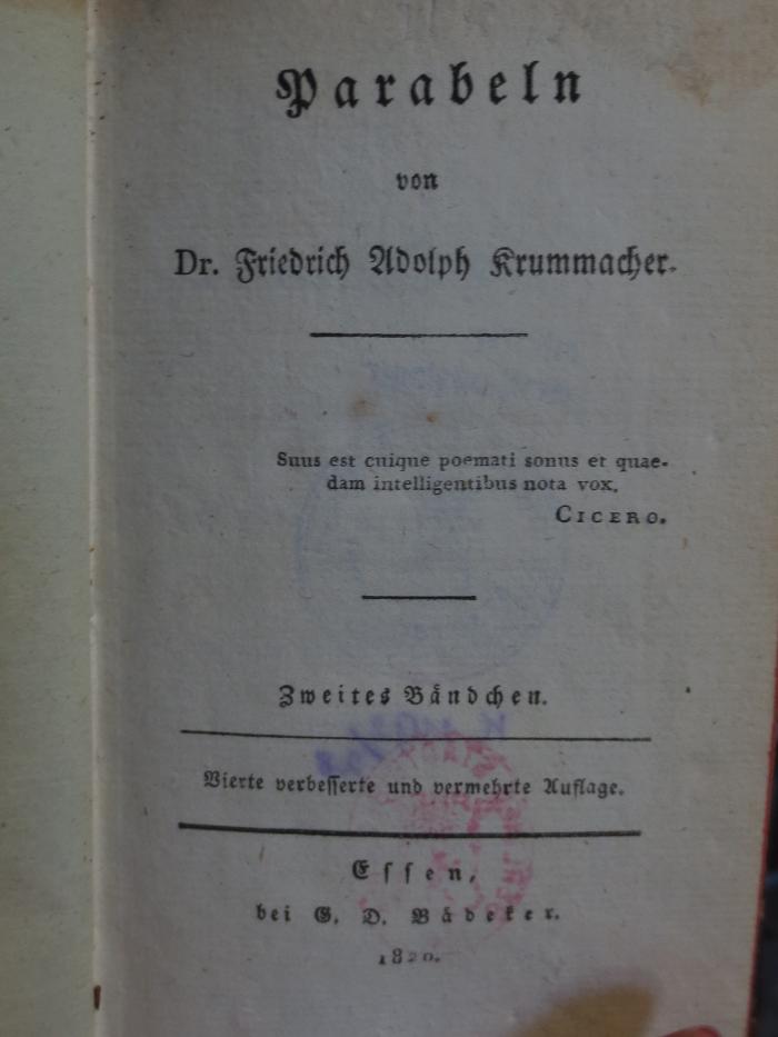 Cl  147 2: Parabeln : von Dr. Friedrich Adolph Krummacher : Zweites Bändchen (1820)